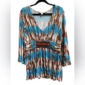 Boston Proper Boho Blouse Blue Brown Abstract Empire Waist Flowy Top M